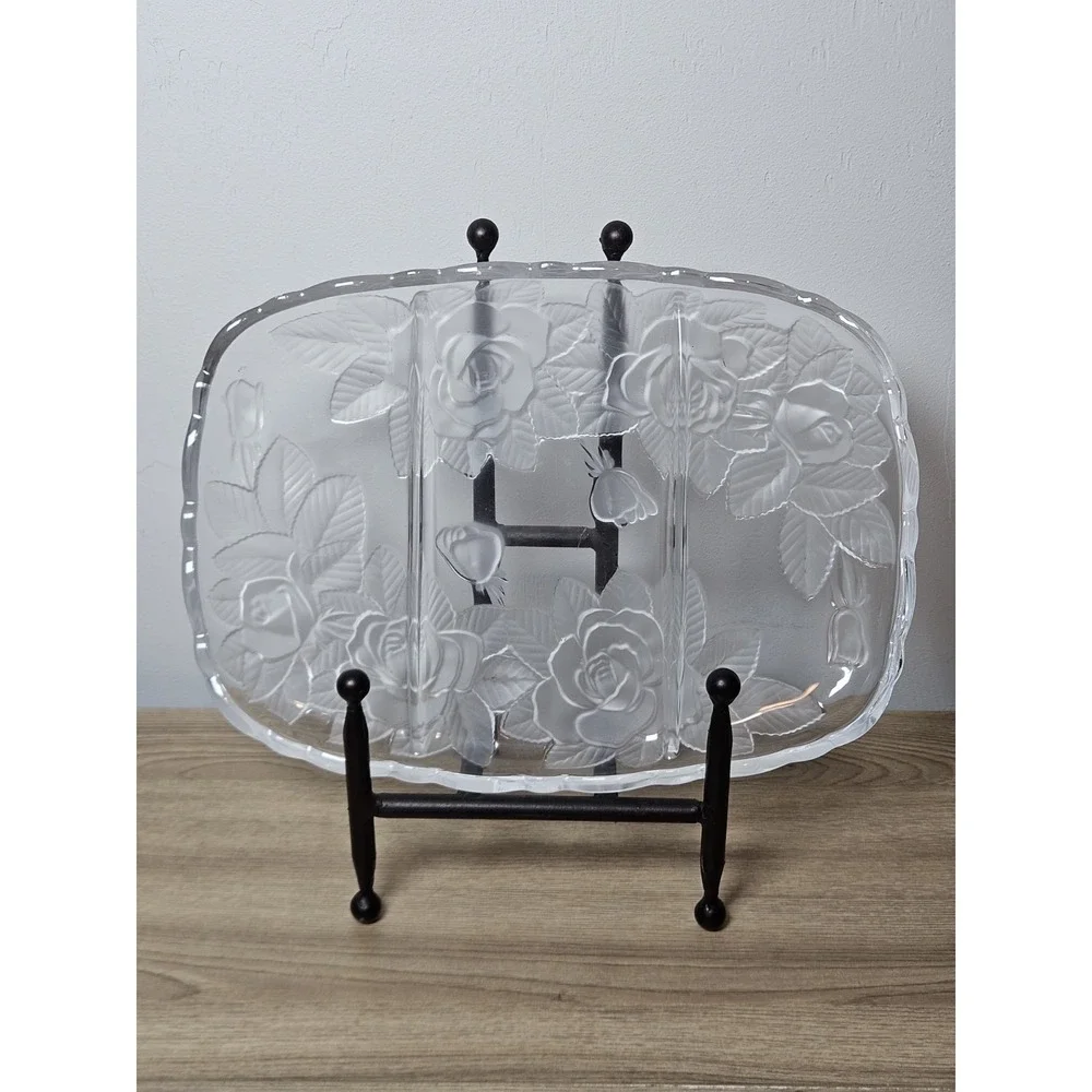Vintage Frosted Rose Floral Glass Divided Relish Serving Tray 11.5